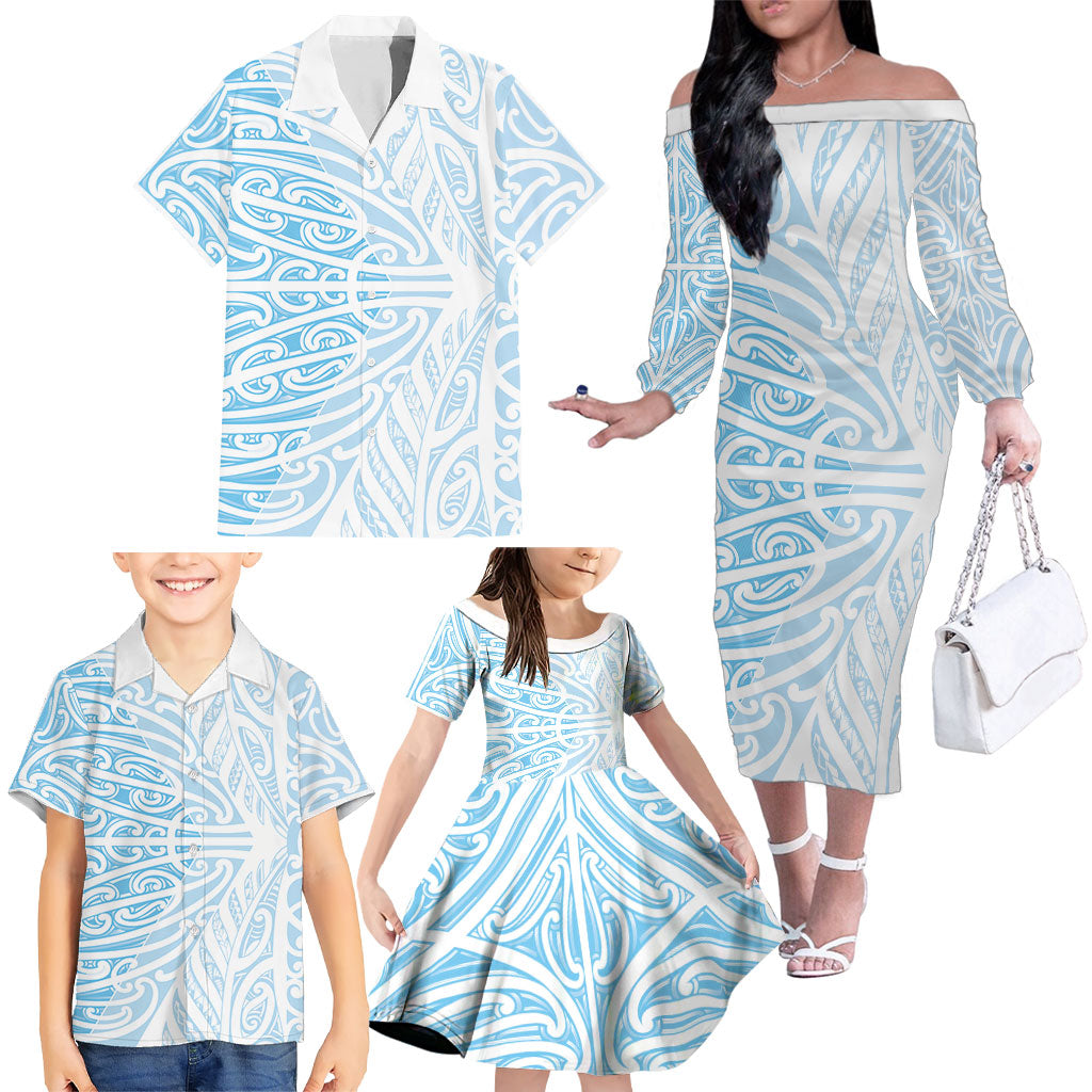 Blue New Zealand Puhoro Maori Tattoo Family Matching Off The Shoulder Long Sleeve Dress and Hawaiian Shirt