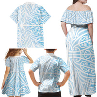 Blue New Zealand Puhoro Maori Tattoo Family Matching Off Shoulder Maxi Dress and Hawaiian Shirt