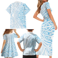 Blue New Zealand Puhoro Maori Tattoo Family Matching Short Sleeve Bodycon Dress and Hawaiian Shirt