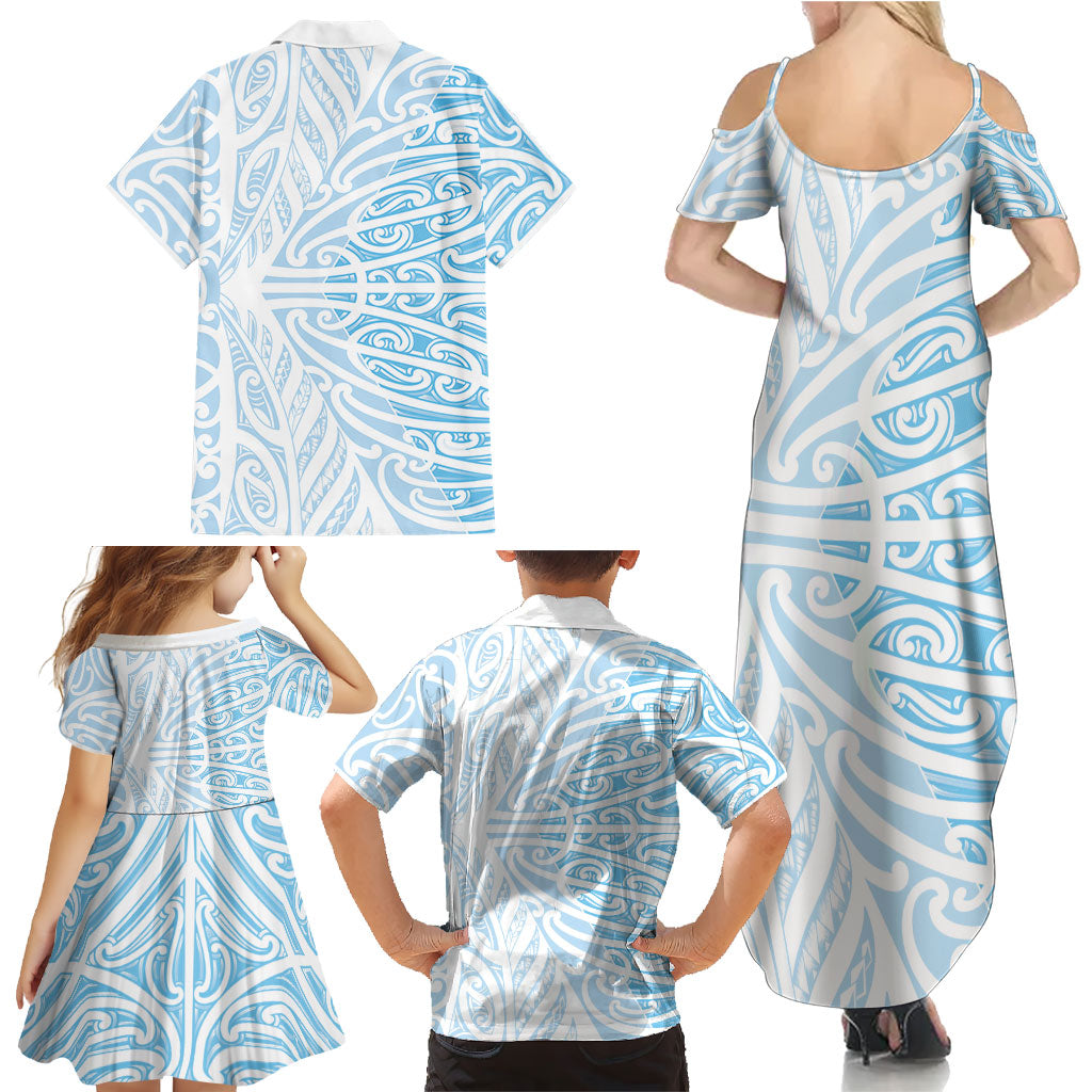 Blue New Zealand Puhoro Maori Tattoo Family Matching Summer Maxi Dress and Hawaiian Shirt