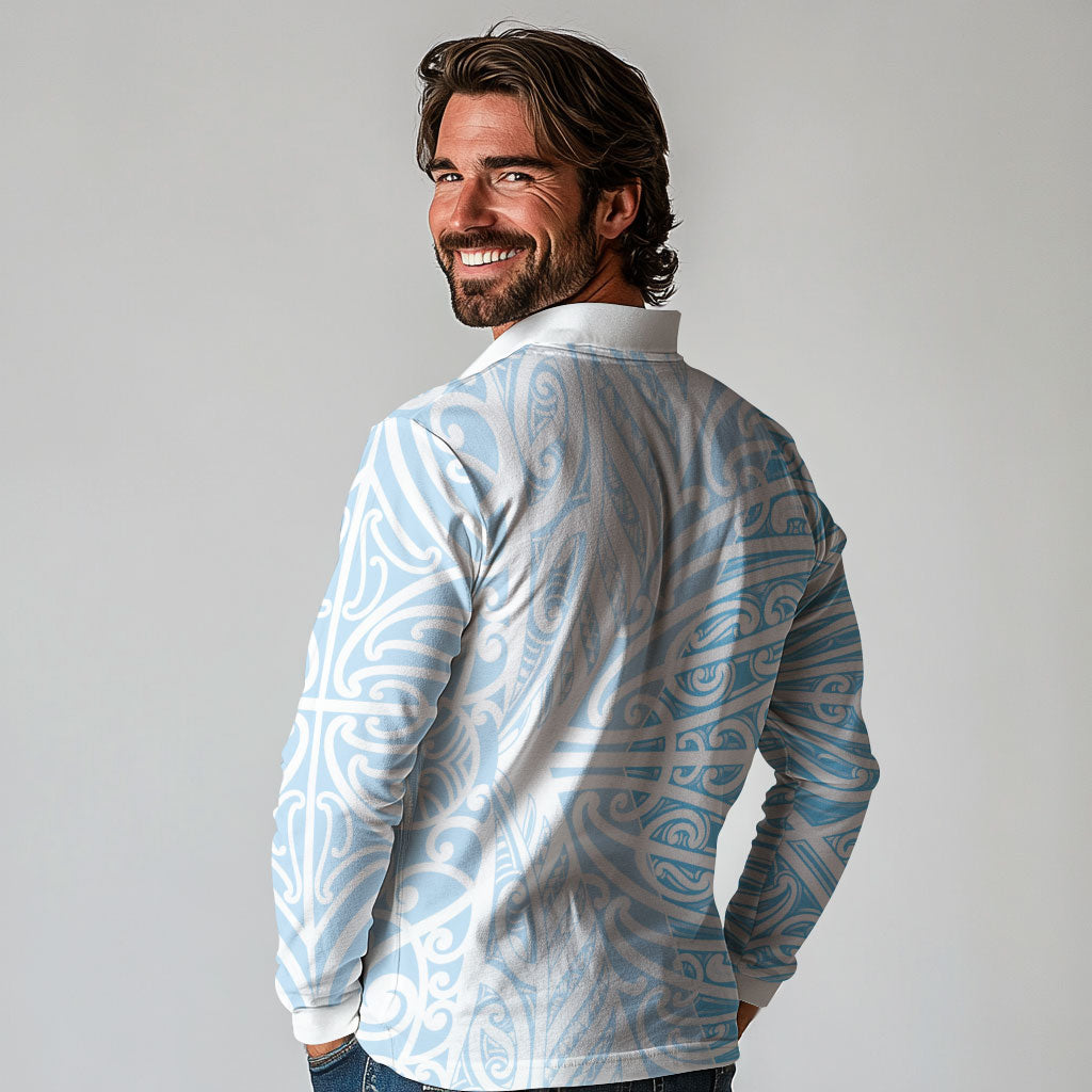 Blue New Zealand Puhoro Maori Tattoo Long Sleeve Polo Shirt