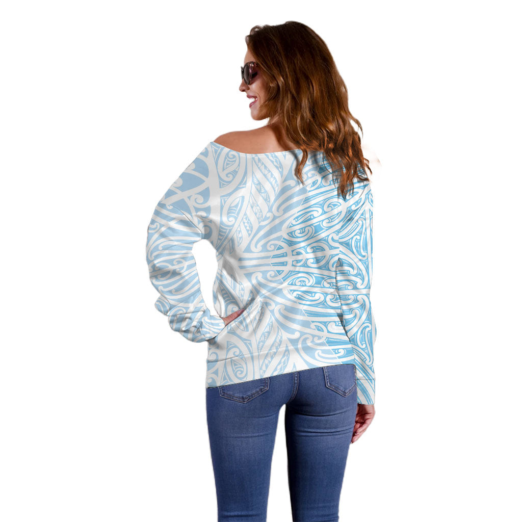 Blue New Zealand Puhoro Maori Tattoo Off Shoulder Sweater