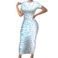 Blue New Zealand Puhoro Maori Tattoo Short Sleeve Bodycon Dress