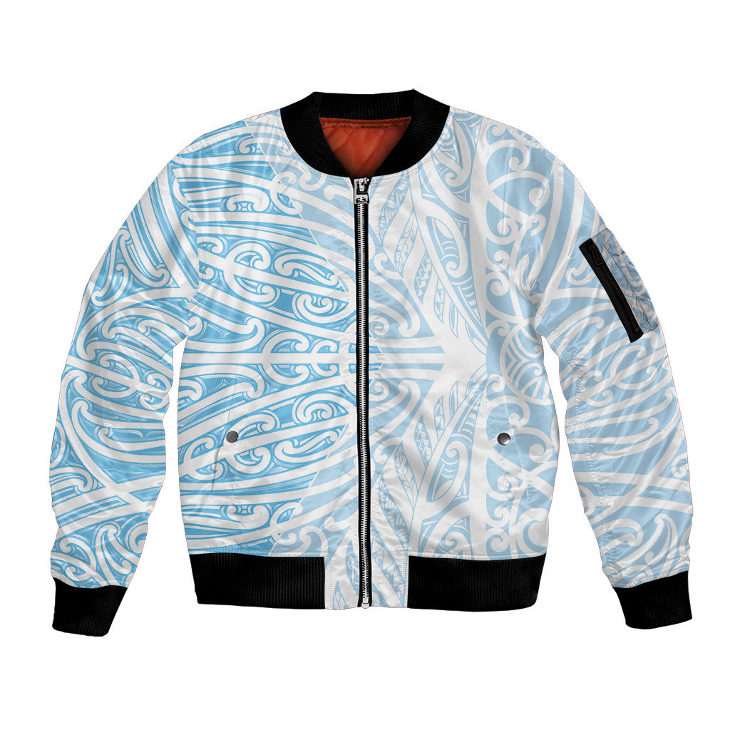 Blue New Zealand Puhoro Maori Tattoo Sleeve Zip Bomber Jacket