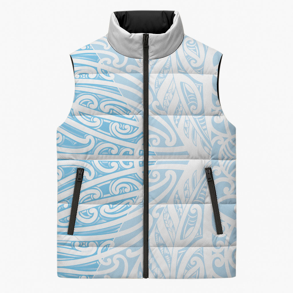 Blue New Zealand Puhoro Maori Tattoo Sleeveless Puffer Jacket