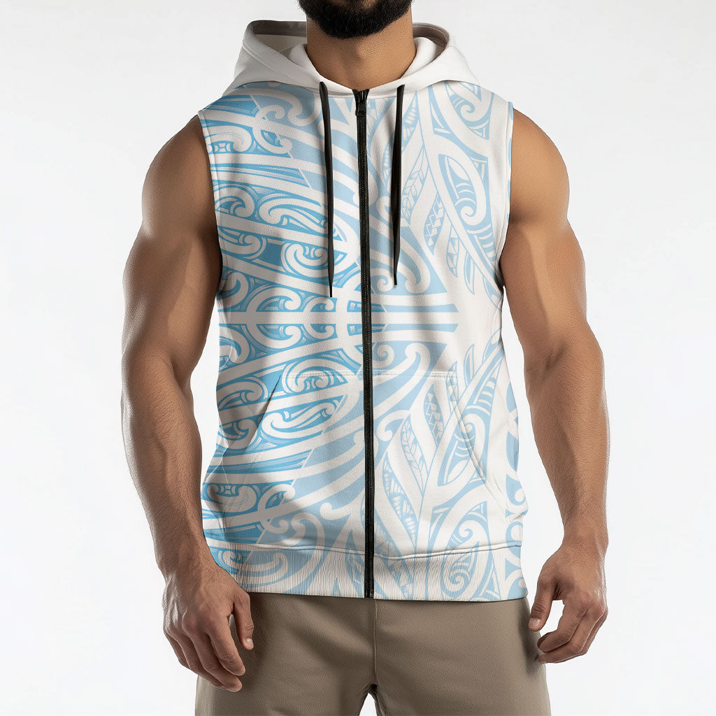Blue New Zealand Puhoro Maori Tattoo Sleeveless Zip Hoodie