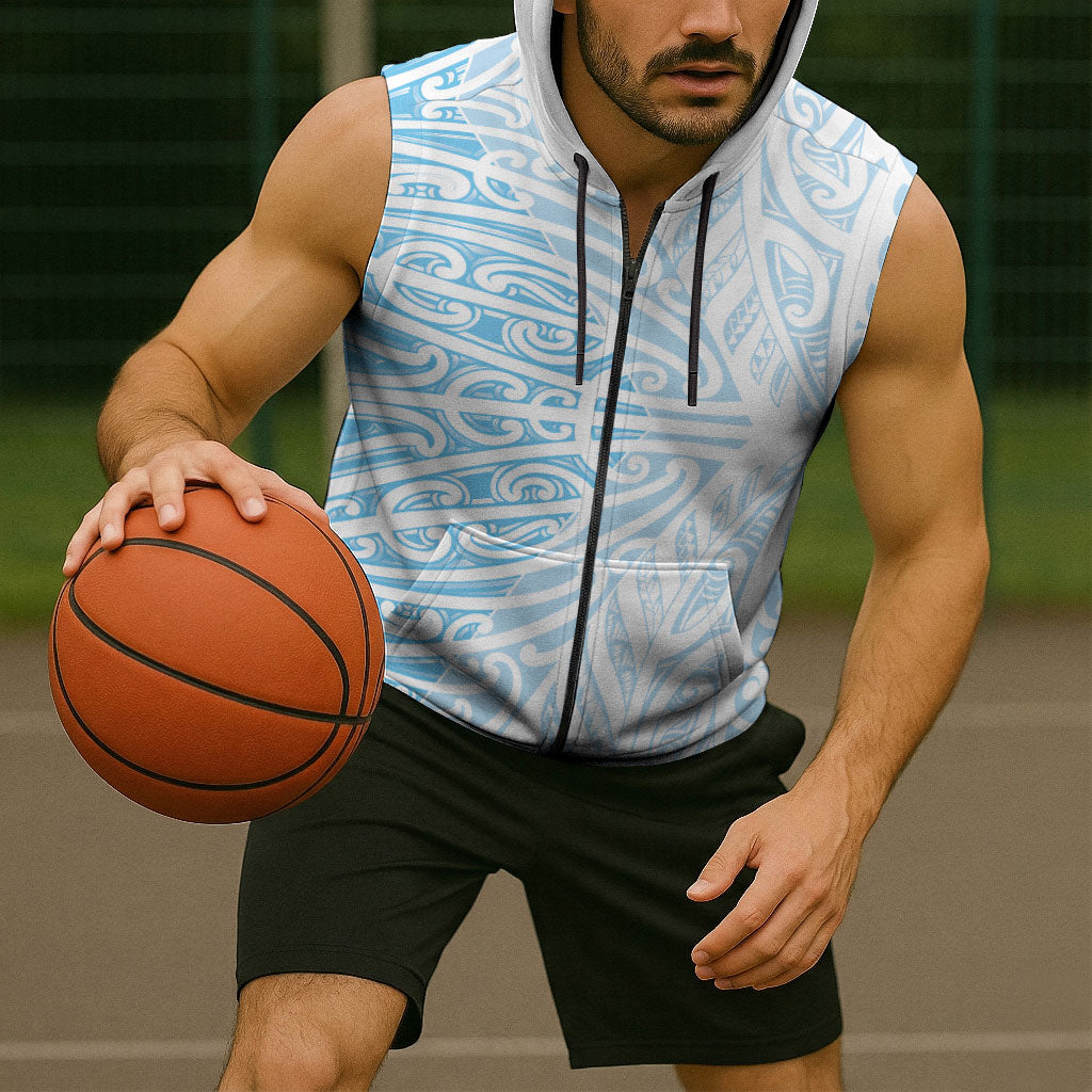 Blue New Zealand Puhoro Maori Tattoo Sleeveless Zip Hoodie
