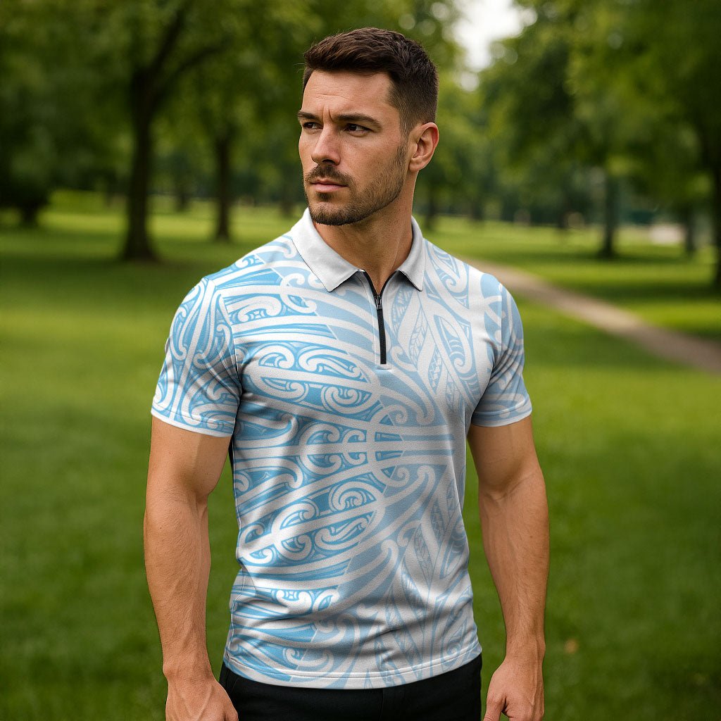 Blue New Zealand Puhoro Maori Tattoo Zipper Polo Shirt