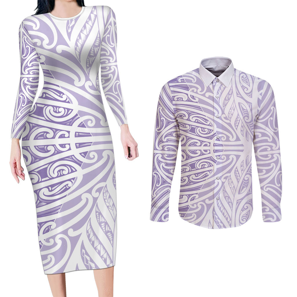 Purple New Zealand Puhoro Maori Tattoo Couples Matching Long Sleeve Bodycon Dress and Long Sleeve Button Shirt LT14 Purple - Polynesian Pride