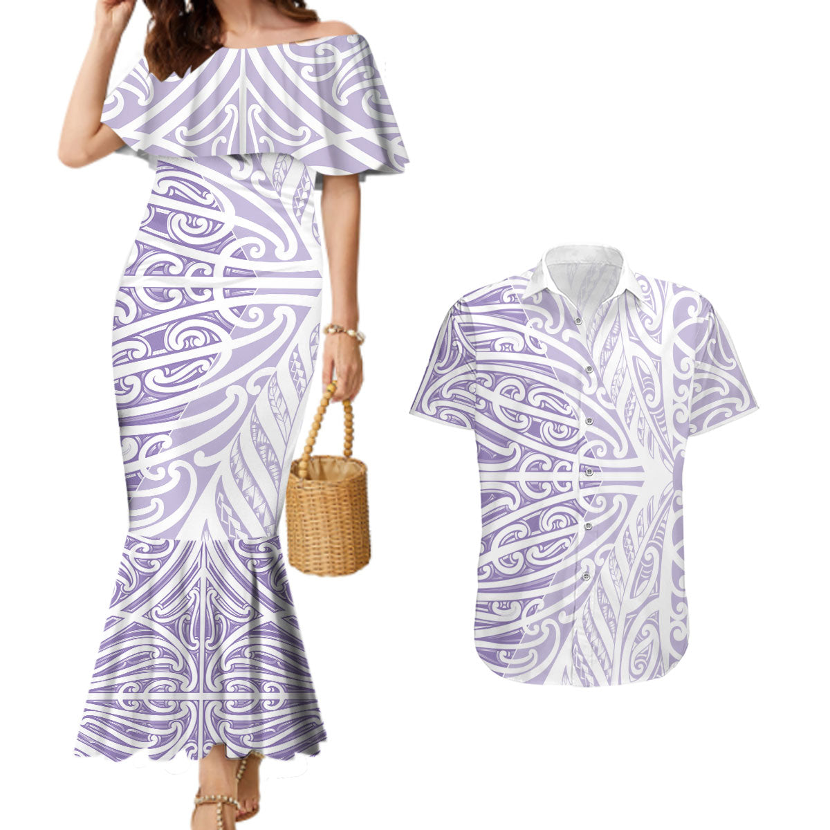 Purple New Zealand Puhoro Maori Tattoo Couples Matching Mermaid Dress and Hawaiian Shirt LT14 Purple - Polynesian Pride