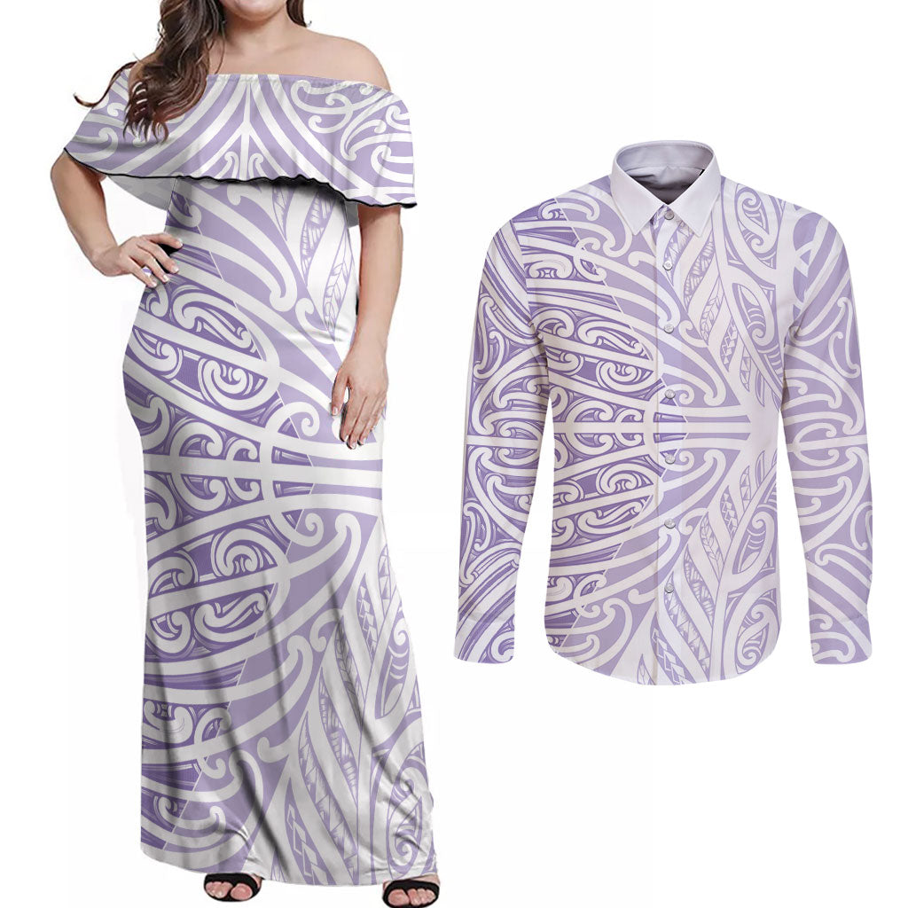 Purple New Zealand Puhoro Maori Tattoo Couples Matching Off Shoulder Maxi Dress and Long Sleeve Button Shirt LT14 Purple - Polynesian Pride