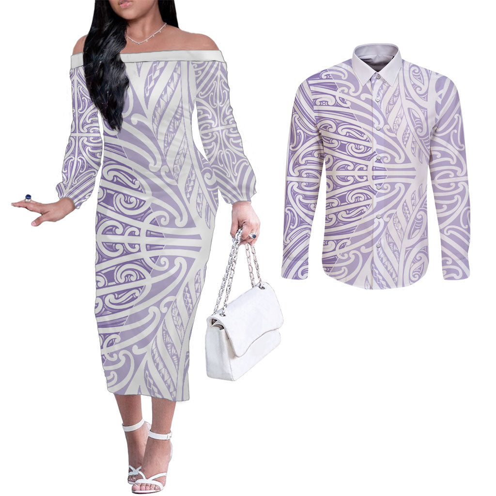 Purple New Zealand Puhoro Maori Tattoo Couples Matching Off The Shoulder Long Sleeve Dress and Long Sleeve Button Shirt LT14 Purple - Polynesian Pride
