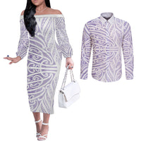 Purple New Zealand Puhoro Maori Tattoo Couples Matching Off The Shoulder Long Sleeve Dress and Long Sleeve Button Shirt