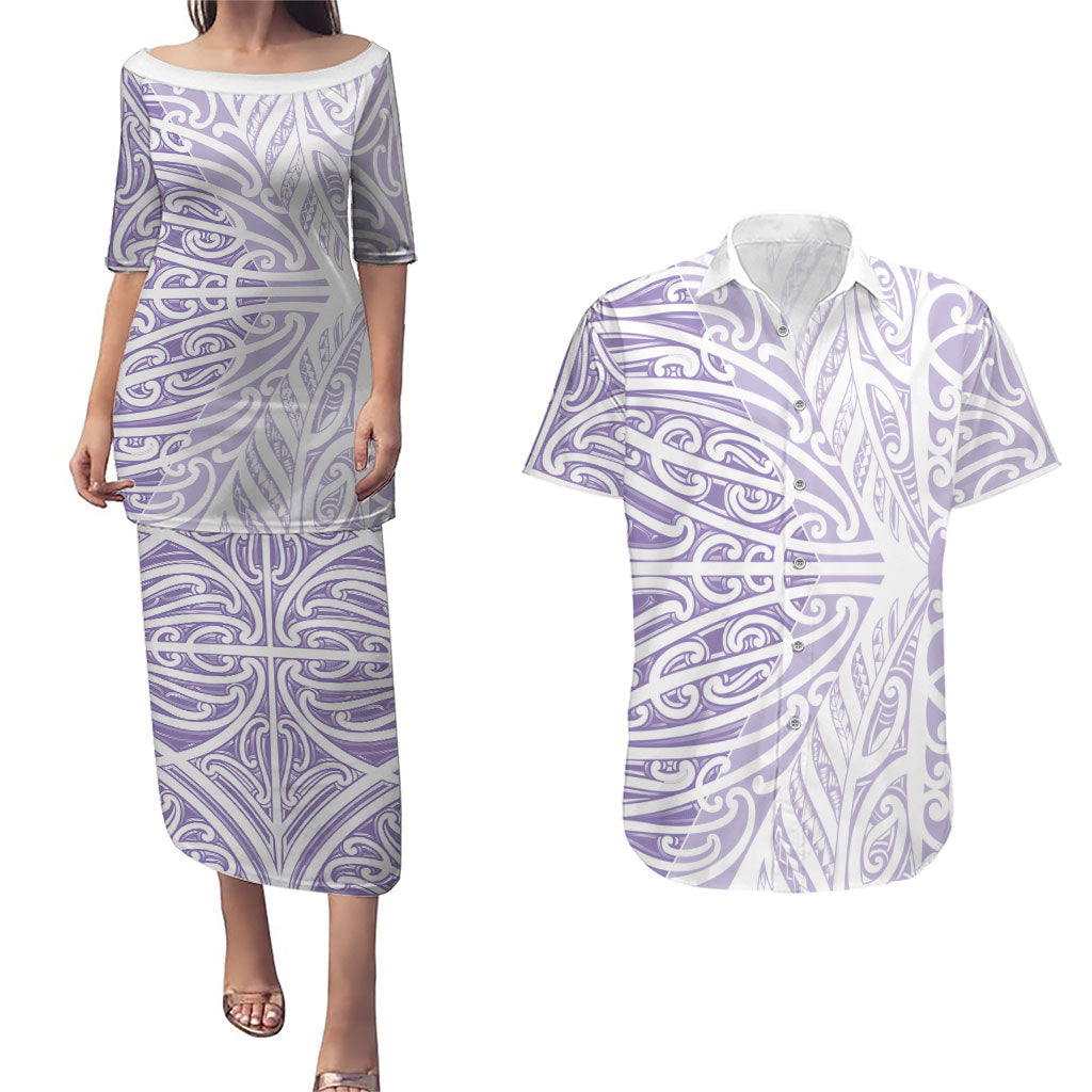 Purple New Zealand Puhoro Maori Tattoo Couples Matching Puletasi and Hawaiian Shirt LT14 Purple - Polynesian Pride