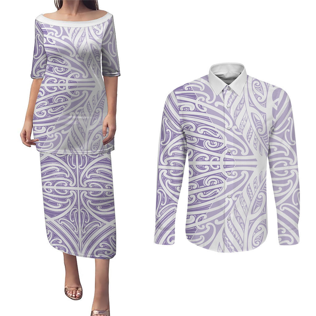 Purple New Zealand Puhoro Maori Tattoo Couples Matching Puletasi and Long Sleeve Button Shirt LT14 Purple - Polynesian Pride