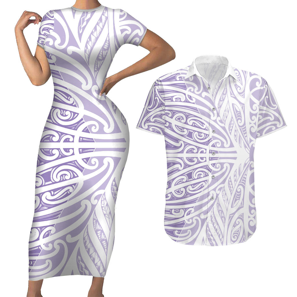 Purple New Zealand Puhoro Maori Tattoo Couples Matching Short Sleeve Bodycon Dress and Hawaiian Shirt LT14 Purple - Polynesian Pride