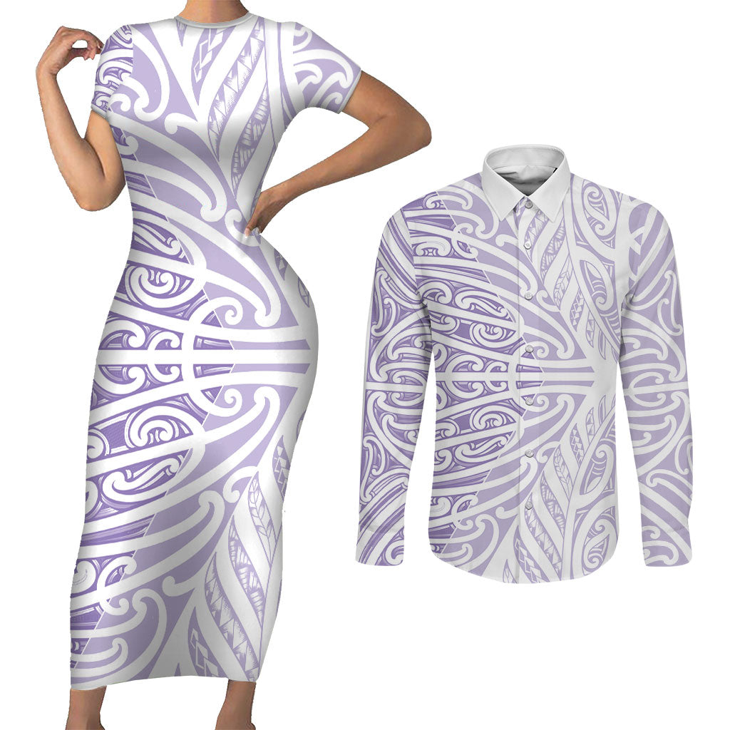 Purple New Zealand Puhoro Maori Tattoo Couples Matching Short Sleeve Bodycon Dress and Long Sleeve Button Shirt