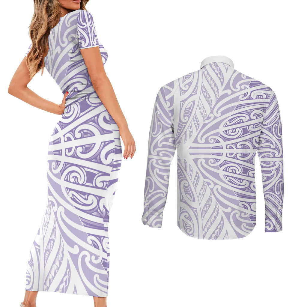 Purple New Zealand Puhoro Maori Tattoo Couples Matching Short Sleeve Bodycon Dress and Long Sleeve Button Shirt