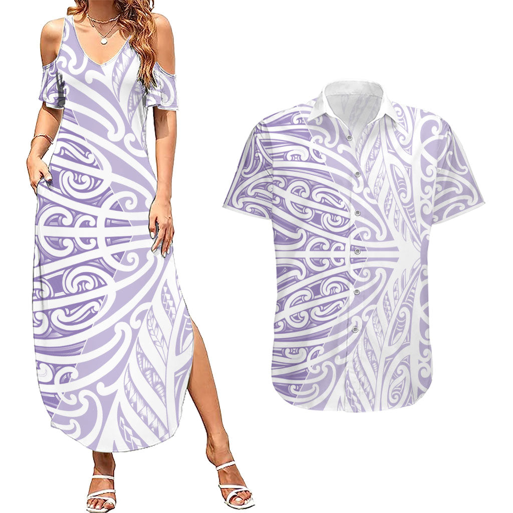 Purple New Zealand Puhoro Maori Tattoo Couples Matching Summer Maxi Dress and Hawaiian Shirt LT14 Purple - Polynesian Pride