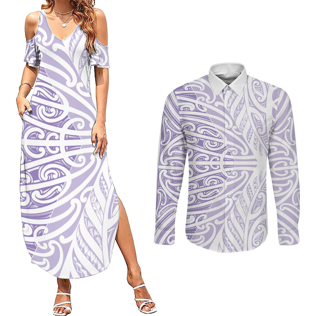Purple New Zealand Puhoro Maori Tattoo Couples Matching Summer Maxi Dress and Long Sleeve Button Shirt LT14 Purple - Polynesian Pride