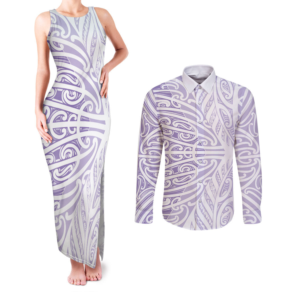Purple New Zealand Puhoro Maori Tattoo Couples Matching Tank Maxi Dress and Long Sleeve Button Shirt LT14 Purple - Polynesian Pride