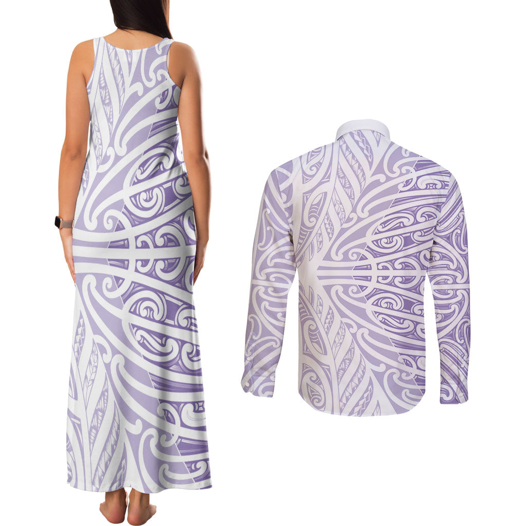 Purple New Zealand Puhoro Maori Tattoo Couples Matching Tank Maxi Dress and Long Sleeve Button Shirt