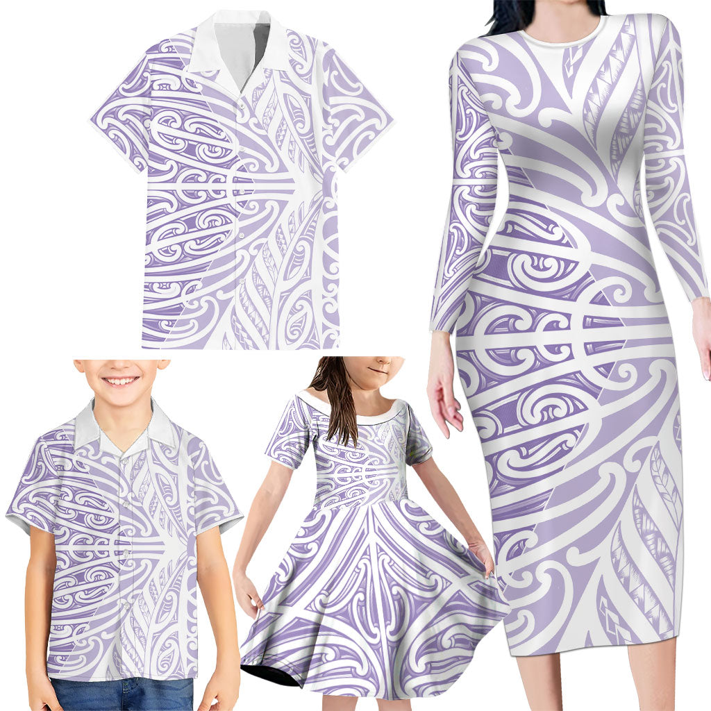 Purple New Zealand Puhoro Maori Tattoo Family Matching Long Sleeve Bodycon Dress and Hawaiian Shirt LT14 - Polynesian Pride