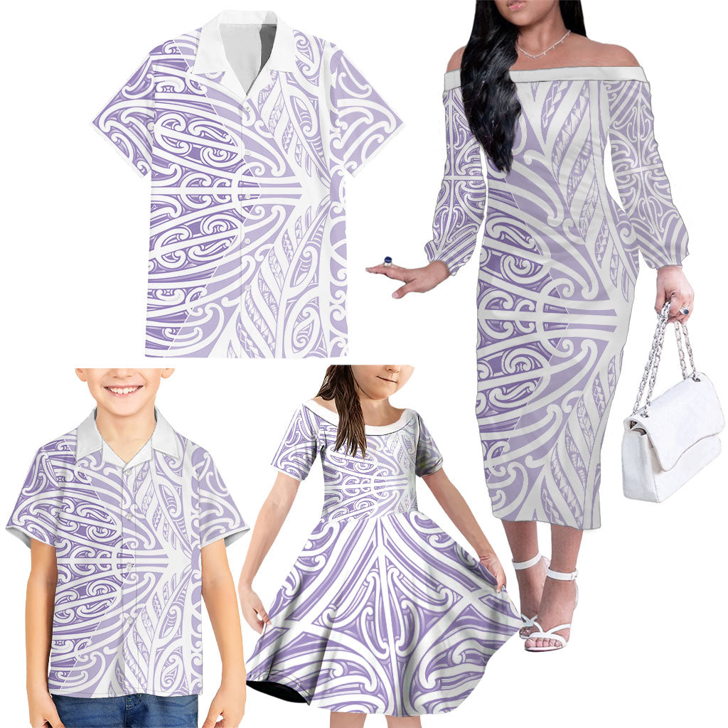 Purple New Zealand Puhoro Maori Tattoo Family Matching Off The Shoulder Long Sleeve Dress and Hawaiian Shirt LT14 - Polynesian Pride