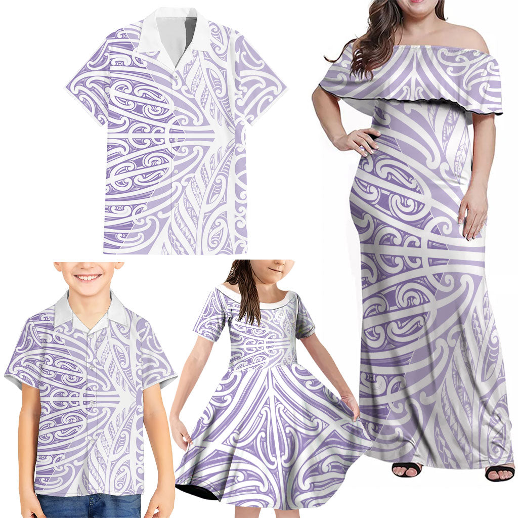 Purple New Zealand Puhoro Maori Tattoo Family Matching Off Shoulder Maxi Dress and Hawaiian Shirt