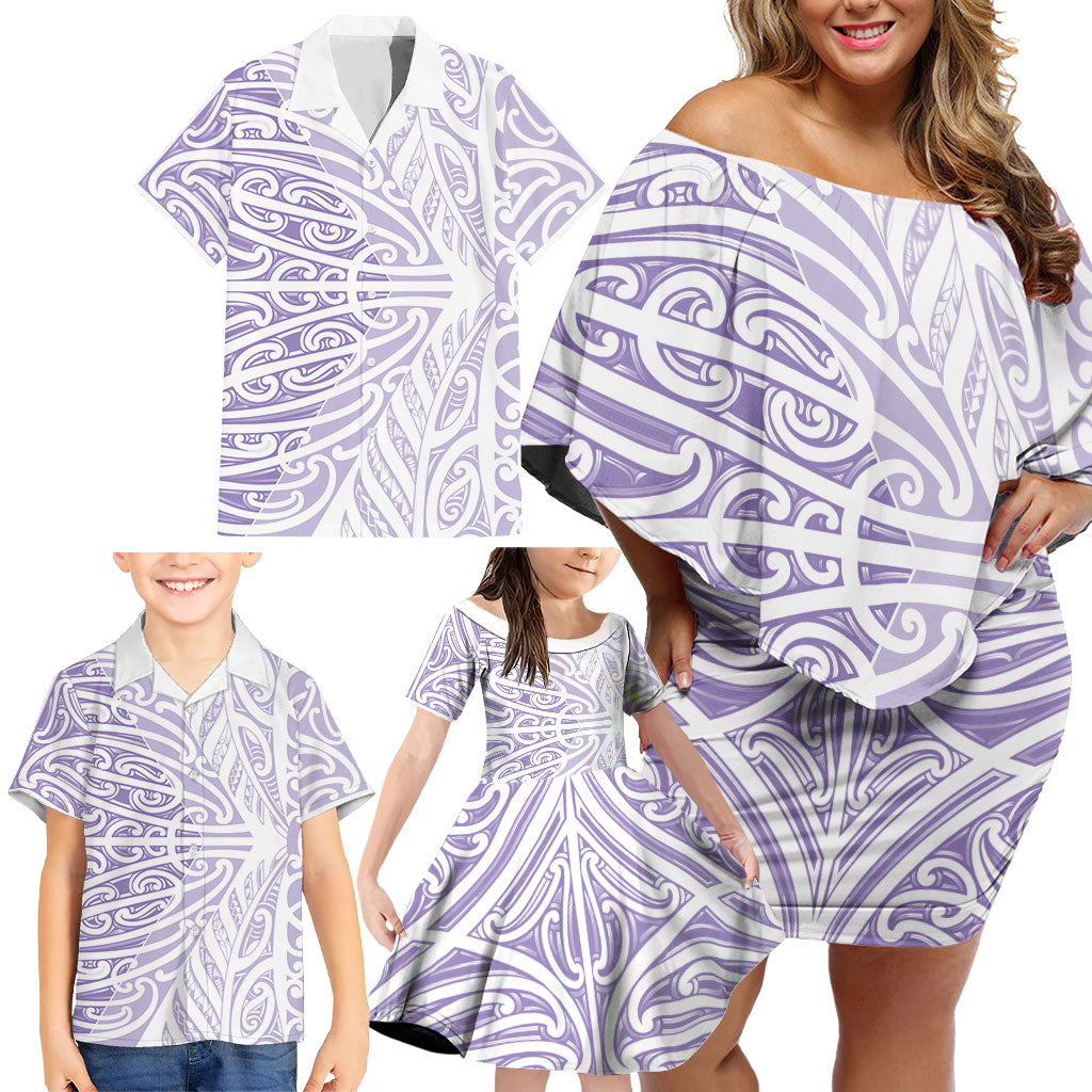 Purple New Zealand Puhoro Maori Tattoo Family Matching Off Shoulder Short Dress and Hawaiian Shirt LT14 - Polynesian Pride