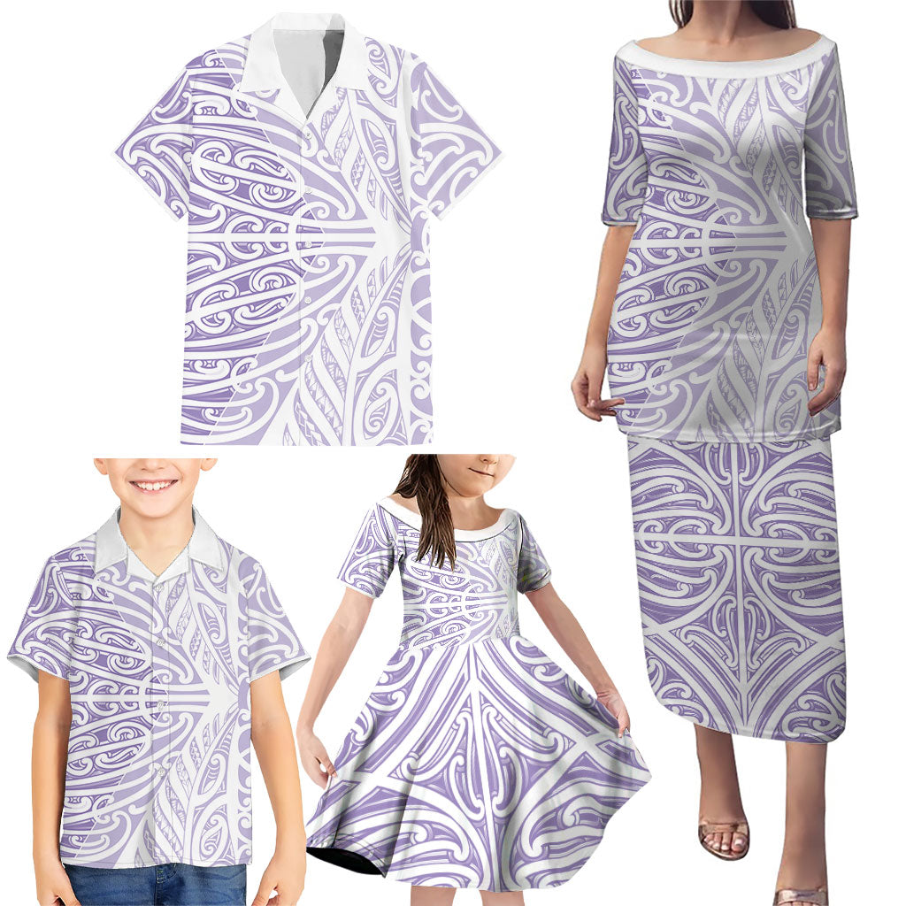 Purple New Zealand Puhoro Maori Tattoo Family Matching Puletasi and Hawaiian Shirt