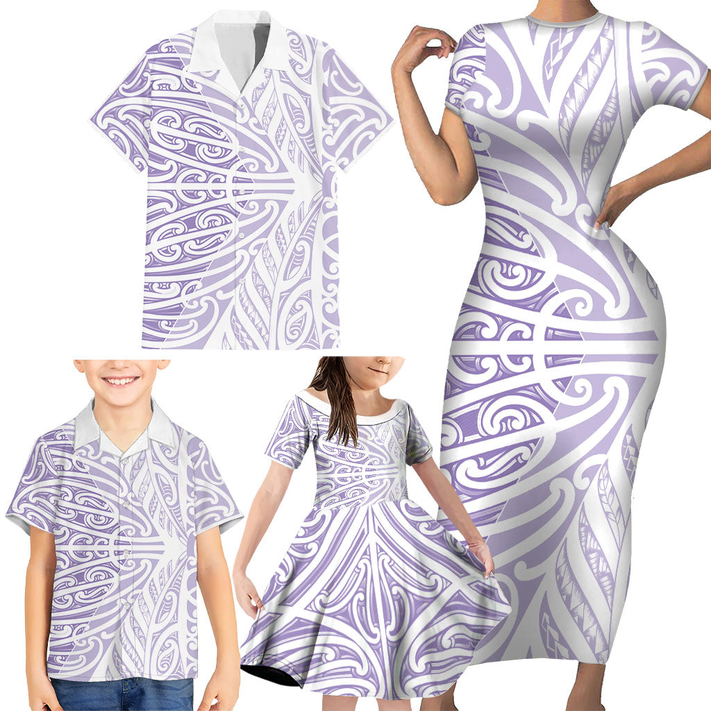 Purple New Zealand Puhoro Maori Tattoo Family Matching Short Sleeve Bodycon Dress and Hawaiian Shirt LT14 - Polynesian Pride