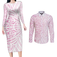 Pink New Zealand Puhoro Maori Tattoo Couples Matching Long Sleeve Bodycon Dress and Long Sleeve Button Shirt
