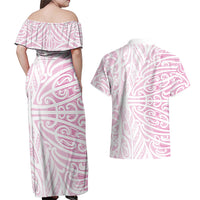 Pink New Zealand Puhoro Maori Tattoo Couples Matching Off Shoulder Maxi Dress and Hawaiian Shirt