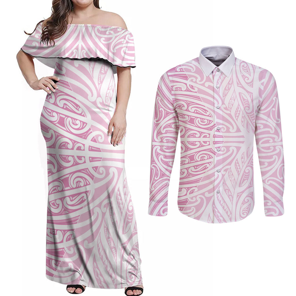 Pink New Zealand Puhoro Maori Tattoo Couples Matching Off Shoulder Maxi Dress and Long Sleeve Button Shirt