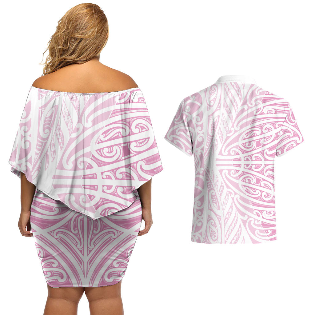 Pink New Zealand Puhoro Maori Tattoo Couples Matching Off Shoulder Short Dress and Hawaiian Shirt
