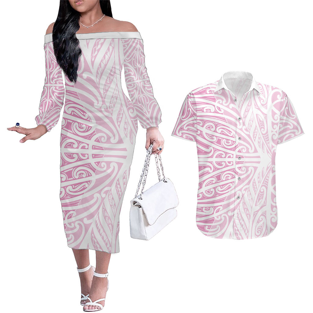 Pink New Zealand Puhoro Maori Tattoo Couples Matching Off The Shoulder Long Sleeve Dress and Hawaiian Shirt