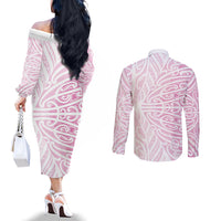 Pink New Zealand Puhoro Maori Tattoo Couples Matching Off The Shoulder Long Sleeve Dress and Long Sleeve Button Shirt