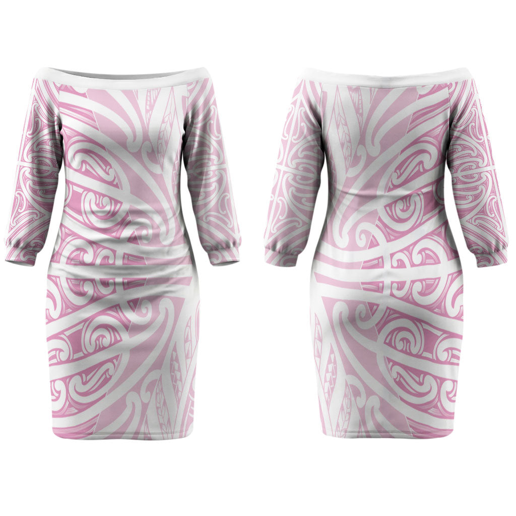 Pink New Zealand Puhoro Maori Tattoo Couples Matching Off The Shoulder Long Sleeve Dress and Long Sleeve Button Shirt LT14 - Polynesian Pride