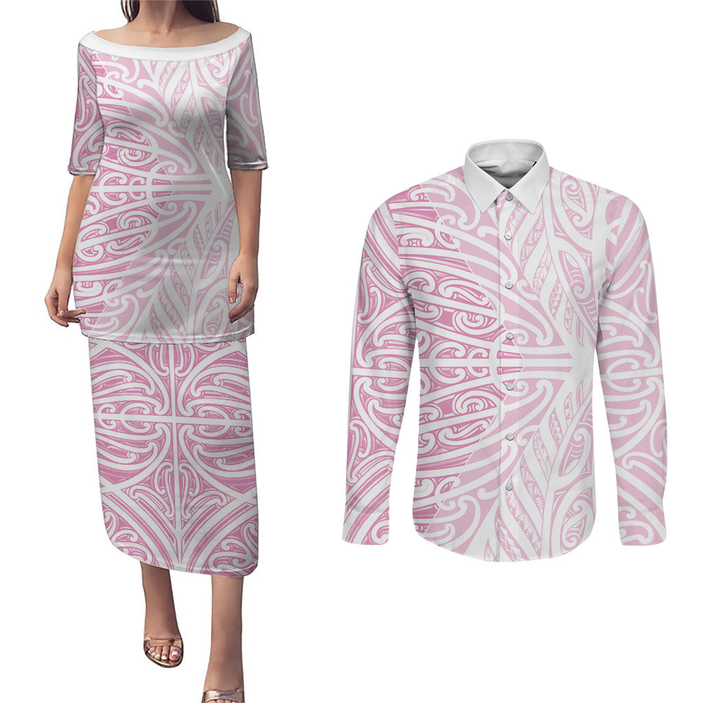 Pink New Zealand Puhoro Maori Tattoo Couples Matching Puletasi and Long Sleeve Button Shirt LT14 Pink - Polynesian Pride