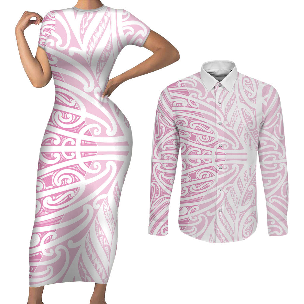 Pink New Zealand Puhoro Maori Tattoo Couples Matching Short Sleeve Bodycon Dress and Long Sleeve Button Shirt LT14 Pink - Polynesian Pride
