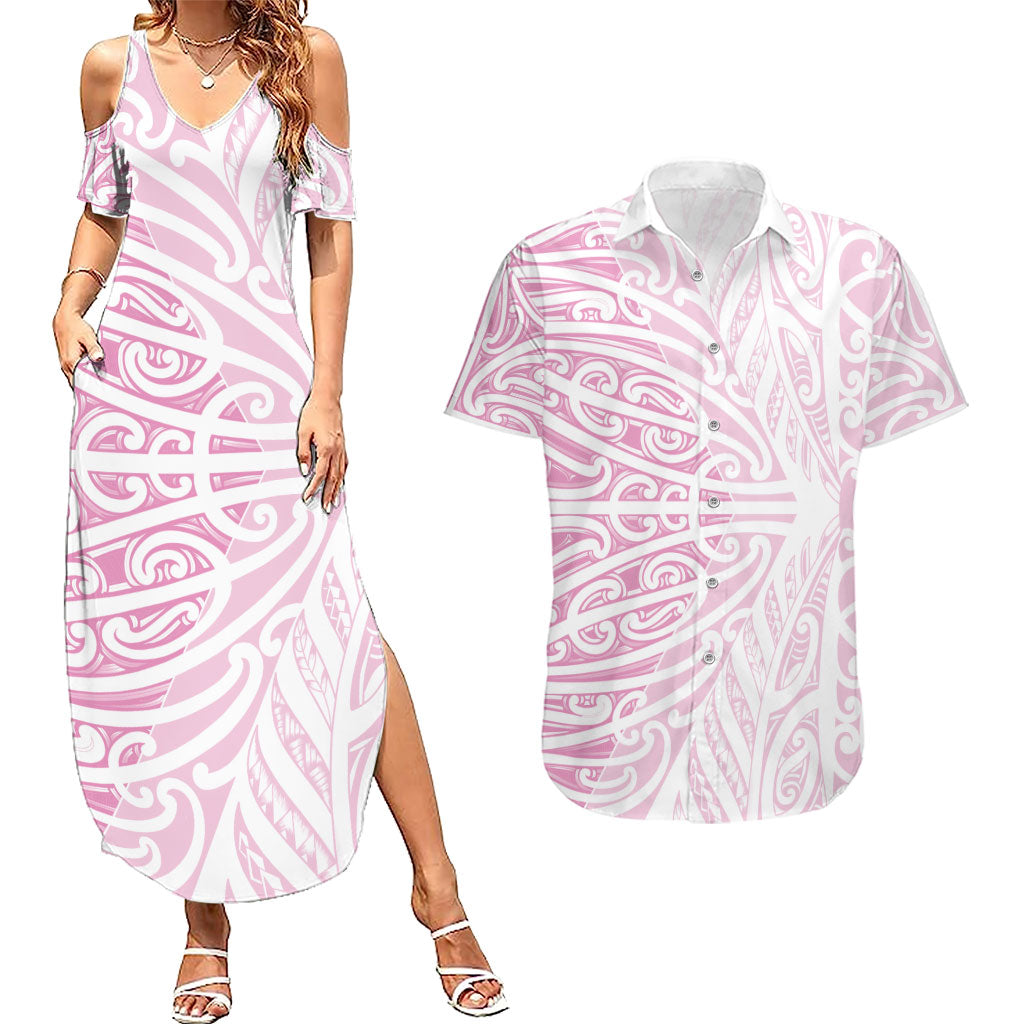 Pink New Zealand Puhoro Maori Tattoo Couples Matching Summer Maxi Dress and Hawaiian Shirt LT14 Pink - Polynesian Pride