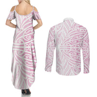 Pink New Zealand Puhoro Maori Tattoo Couples Matching Summer Maxi Dress and Long Sleeve Button Shirt