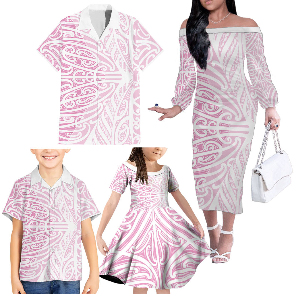 Pink New Zealand Puhoro Maori Tattoo Family Matching Off The Shoulder Long Sleeve Dress and Hawaiian Shirt LT14 - Polynesian Pride
