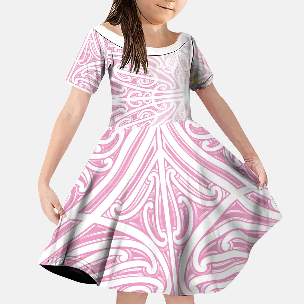 Pink New Zealand Puhoro Maori Tattoo Family Matching Off Shoulder Short Dress and Hawaiian Shirt