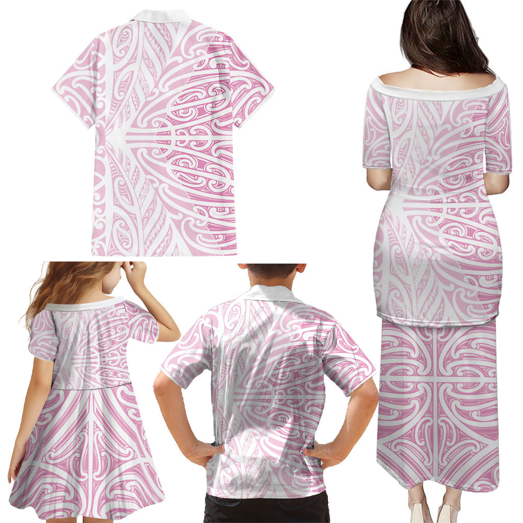 Pink New Zealand Puhoro Maori Tattoo Family Matching Puletasi and Hawaiian Shirt