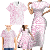 Pink New Zealand Puhoro Maori Tattoo Family Matching Short Sleeve Bodycon Dress and Hawaiian Shirt