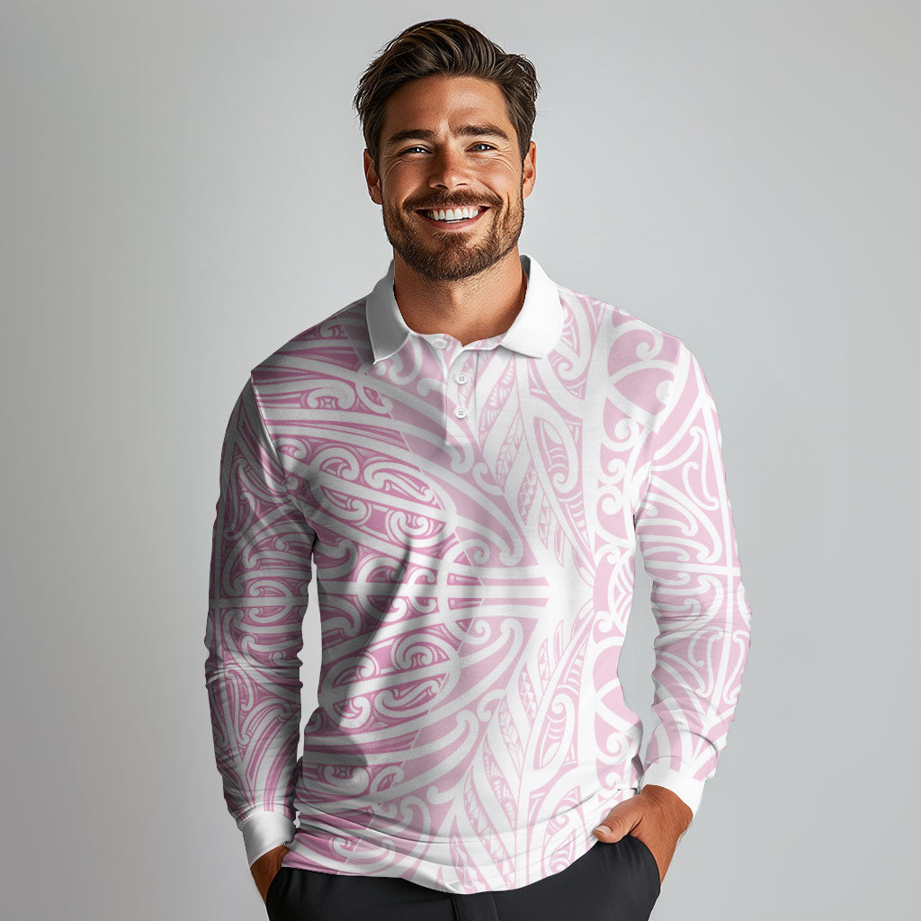 Pink New Zealand Puhoro Maori Tattoo Long Sleeve Polo Shirt