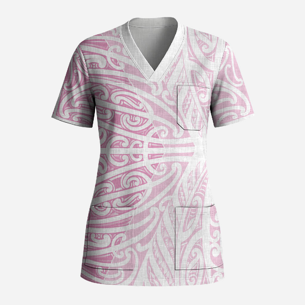 Pink New Zealand Puhoro Maori Tattoo Scrub Top