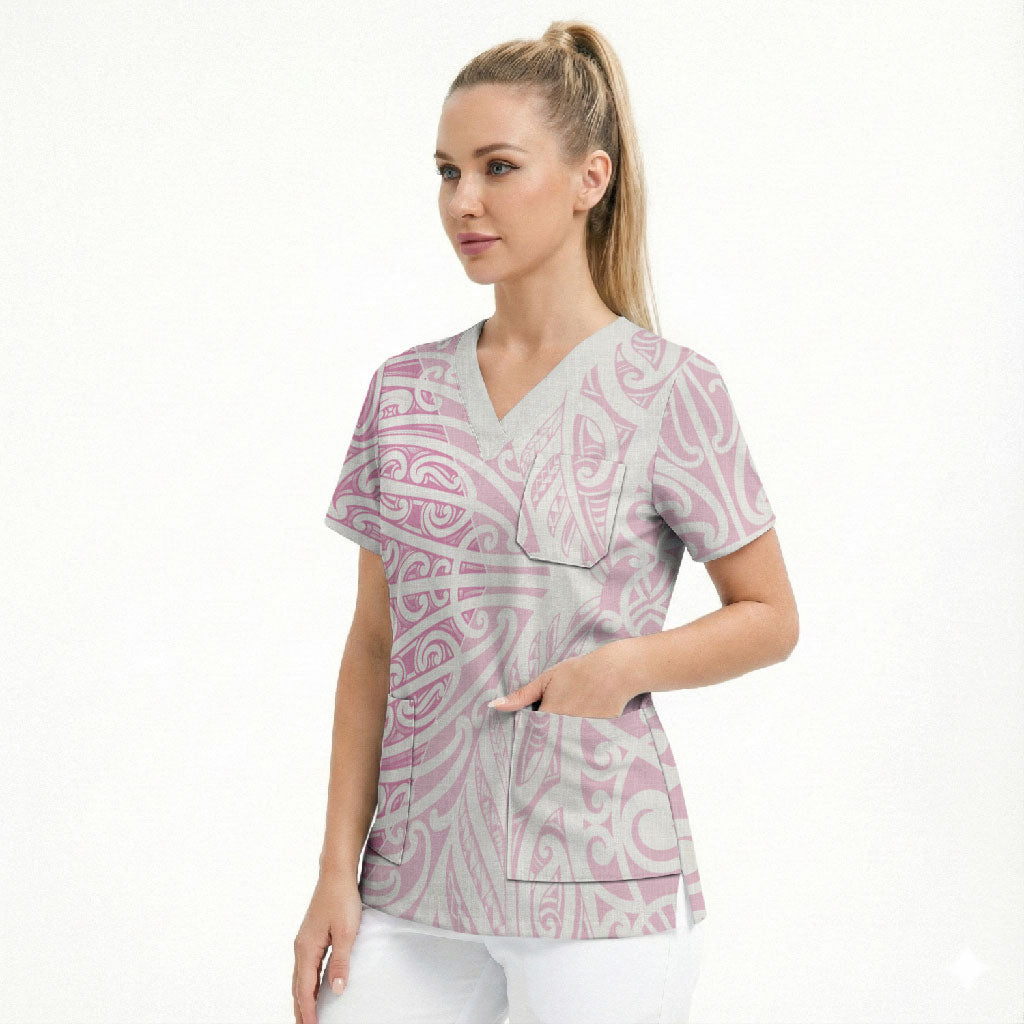 Pink New Zealand Puhoro Maori Tattoo Scrub Top